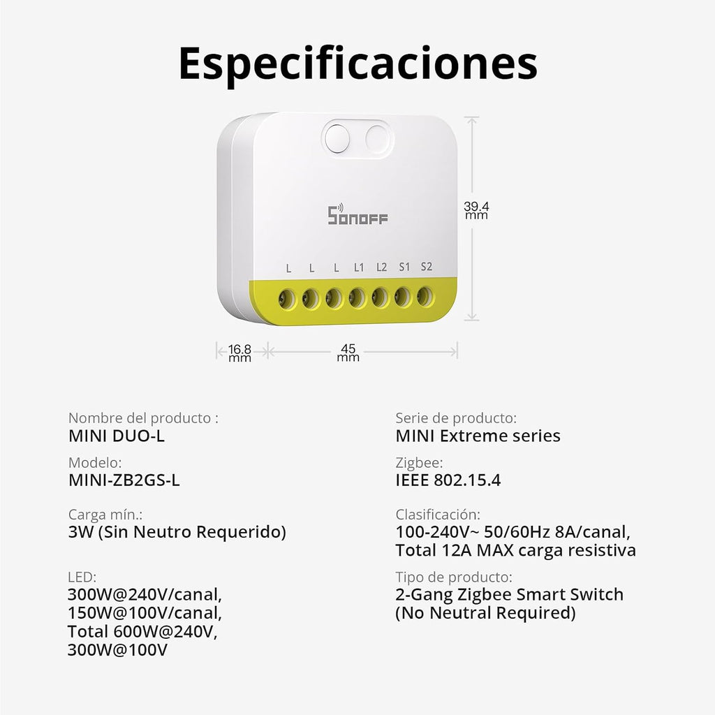 Interruptor Inteligente Zigbee SONOFF MINI DUO-L de 2 Canales | MINI-ZB2GS-L