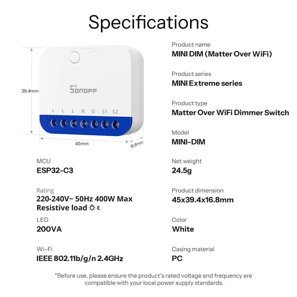 Interruptor Dimmer WiFi SONOFF MINI-DIM Matter | Atenuador Inteligente
